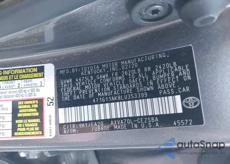 2020 Toyota Camry Se из США, поврежденный, VIN 4T1G11AK8LU353399